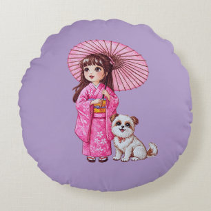 Coussins Ronds Blossom Companions : Kimono Girl & Puppy Round Pil