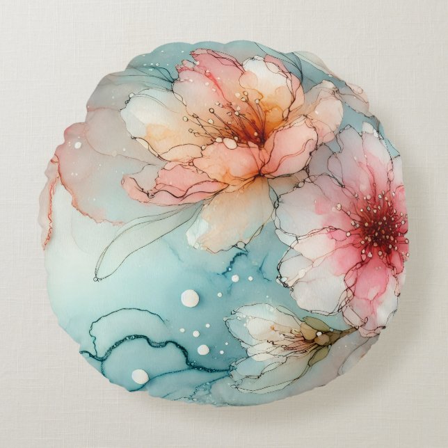 Coussins Ronds Blossoms in Bloom : Un design Abstrait d'encre d'a (Devant)