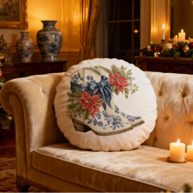 Coussins Ronds Blue Chinoiserie Christmas Cowgirl Boots Pillow (Cozy Sofa with Chinoiserie Luxury Decor)