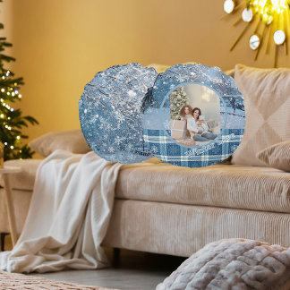Coussins Ronds Blue Cozy Plaid Snowy Winter Photo Christmas