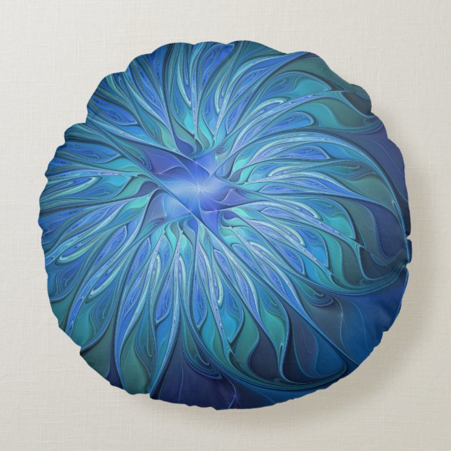 Coussins Ronds Blue Flower Fantasy Pattern, Abstract Fractal Art (Devant)