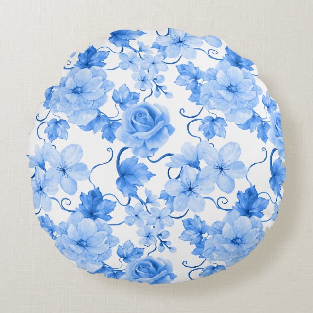 Coussins Ronds Blue & White Chinoiserie Floral Botanical Print (Devant)