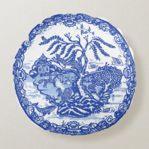 Coussins Ronds Blue Willow Animal Pagode Jardin Scène Chinoiserie