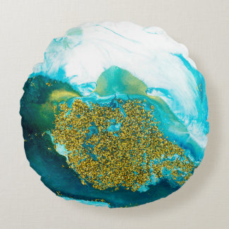 Coussins Ronds Blue with gold glitter fluid art, creative abstrac