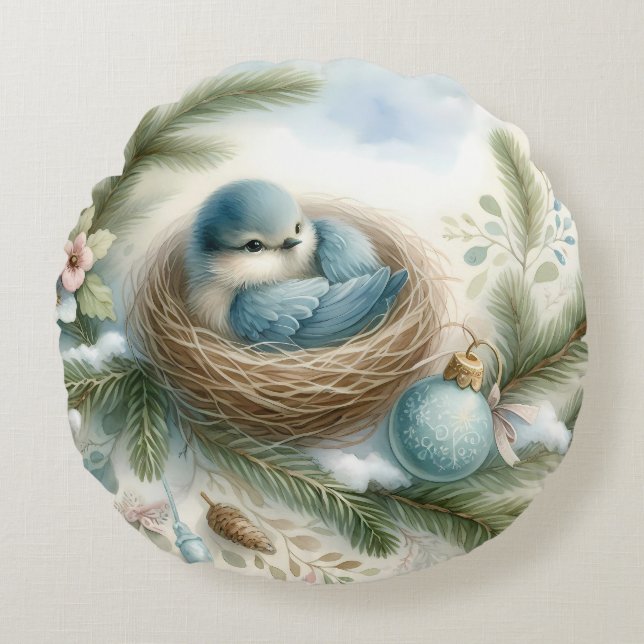 Coussins Ronds Bluebird Nest with Ornaments in Winter Pines (Devant)