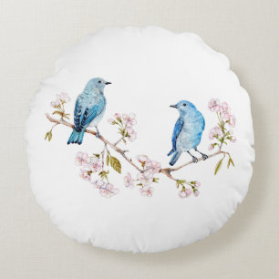 Coussins Ronds Bluebirds de montagne sur la branche Sakura
