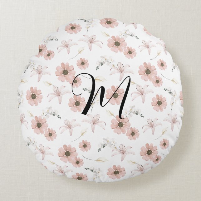 Coussins Ronds Blush Rose Fleurs Art Monogramme Aquarelle (Devant)