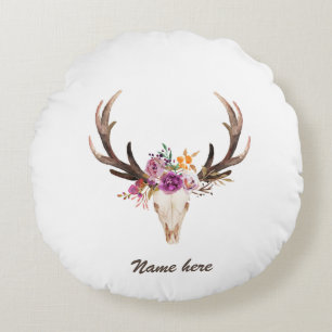 Coussins Ronds bohème, crâne taureau, bois, floral boho