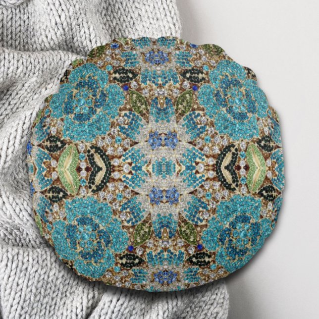 Coussins Ronds bohème girly chic argent turquoise fleur bleu (bohemian girly chic silver turquoise blue flower round pillow)