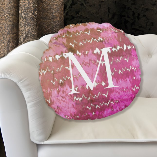Coussins Ronds Boho Abstrait Tie Dye Motif Monogrammé (Boho Abstract Pink Tie Dye Pattern Monogrammed Round Pillow)