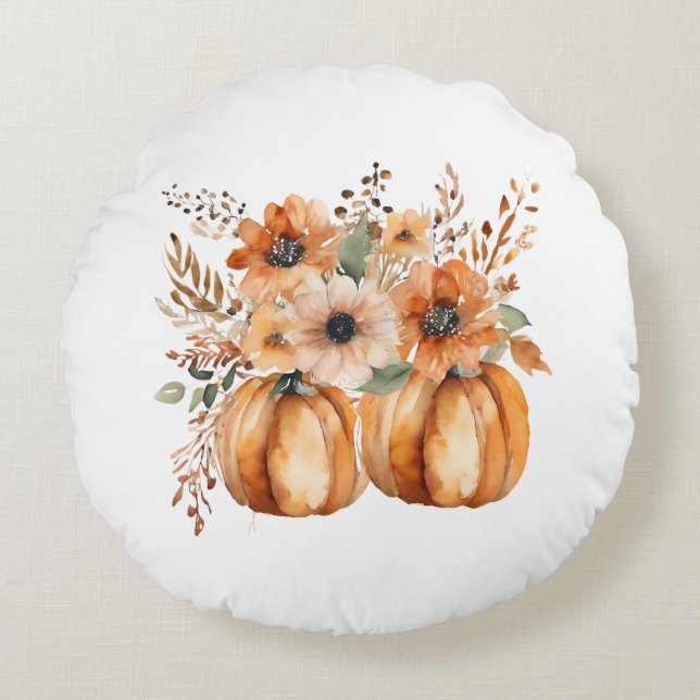 Coussins Ronds Boho Chic Citrouille et motifs floraux Thanksgivin (Devant)