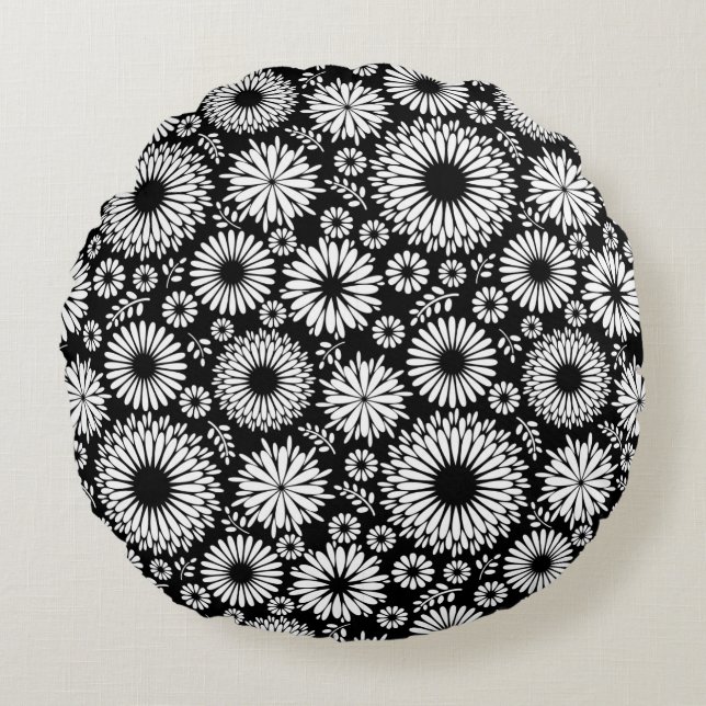 Coussins Ronds Boho fleurs Motif floral vectoriel noir et blanc (Devant)