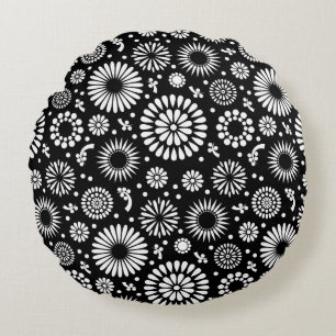 Coussins Ronds Boho fleurs Motif floral vectoriel noir et blanc