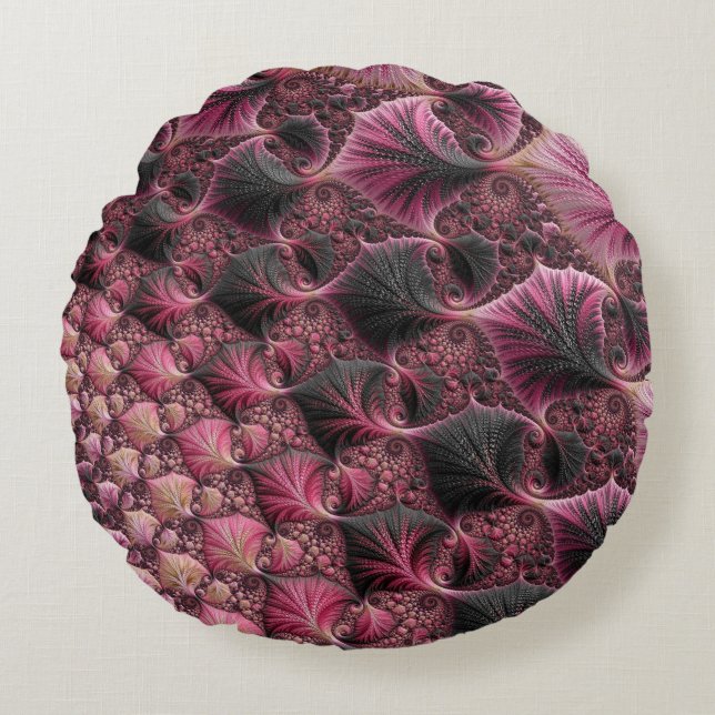 Coussins Ronds Boho Funky Eclectique Rose Noir Abstrait Fractal (Devant)