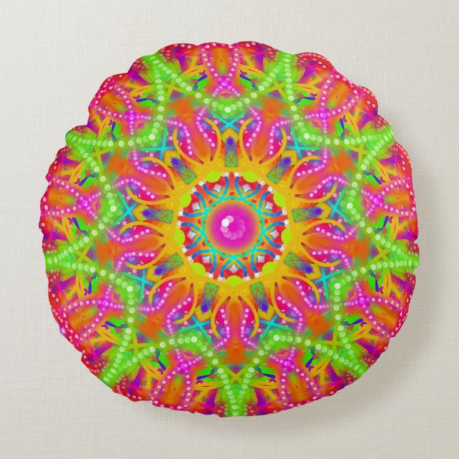 Coussins Ronds Boho Lime Green Star Mandala (Devant)