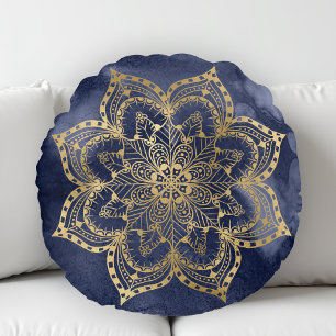 Coussins Ronds Boho Mandala Gold Navy Blue Enk Texture