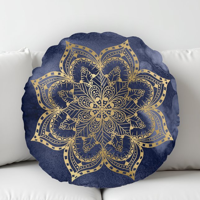 Coussins Ronds Boho Mandala Or Navy Blue Encre Texture (Créateur téléchargé)