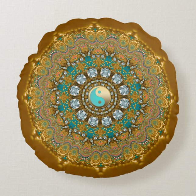 Coussins Ronds Boho Or Turquoise Yin Yang Bijou Mandala (Devant)