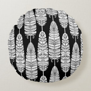 Coussins Ronds Boho plumes : motif noir et blanc