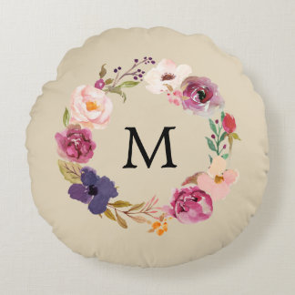 Coussins Ronds Boho rustique aquarelle Floral Wreath Monogramme