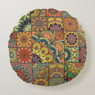Coussins Ronds Boho tuiles : patchwork coloré sans couture motif