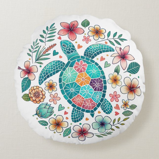Coussins Ronds Boho Turquoise Floral Tortue de Mer - Côtière (Devant)