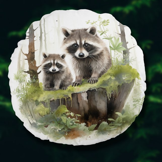 Coussins Ronds Bois Animaux Raccoons Nourriture Enfants Décor Cha (Woodland Animals Raccoons Nursery Kids Room Decor Round Pillow)
