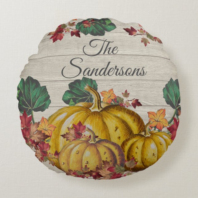 Coussins Ronds Bois gris rustique Automne Citrouille orange Feuil (Devant)