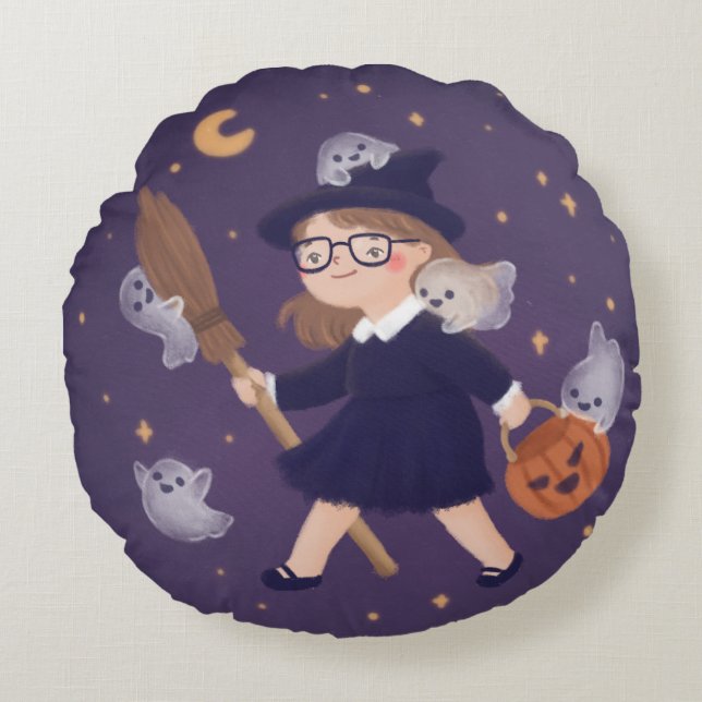 Coussins Ronds Bonne Sorcière Halloween & Fantômes (Devant)