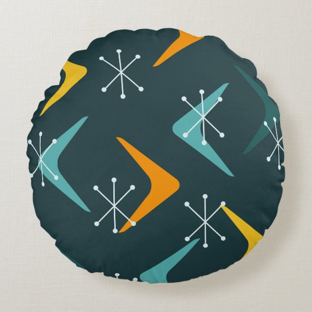 Coussins Ronds Boomerangs du milieu du siècle Starburs Turquoise (Devant)