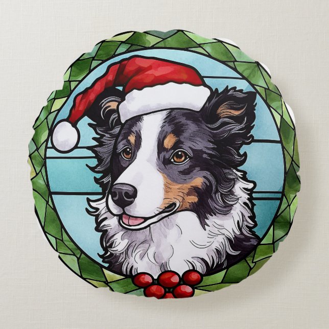Coussins Ronds Border Collie Vitrail Noël (Devant)