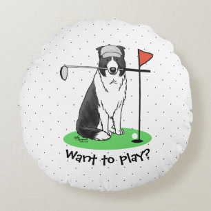 Coussins Ronds Bordure Collie Chien Jouer Golf (noir & blanc) Amu