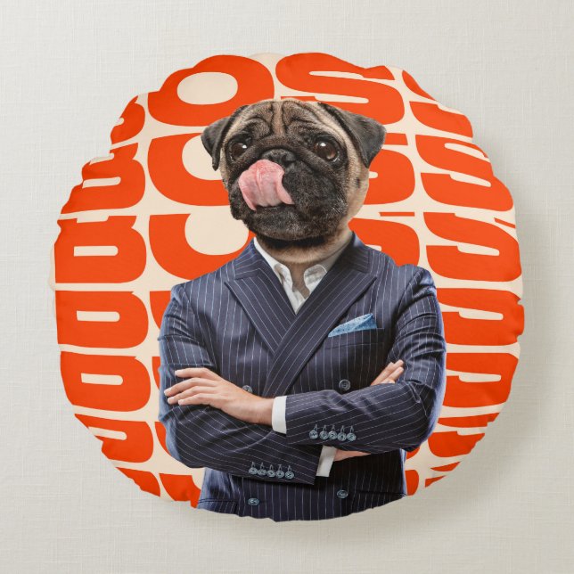 Coussins Ronds Boss headed by dog head standing with hands crosse (Devant)