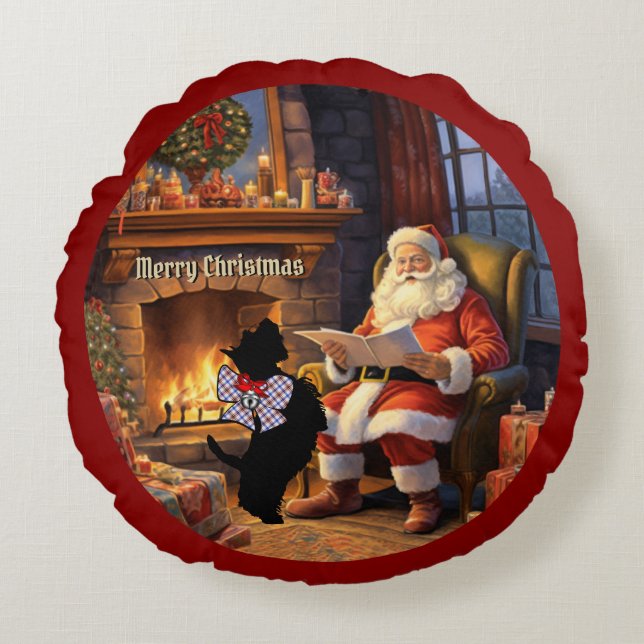 Coussins Ronds Boswell Scottie Chien & Père Noël Noël personnalis (Devant)