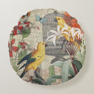 Coussins Ronds Botanique Vintage Oiseaux Nature Tropical Antique