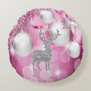 Coussins Ronds Boules d'ornement Bokeh rose Reindeer Argent