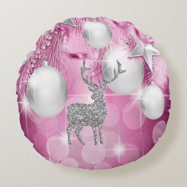 Coussins Ronds Boules d'ornement Bokeh rose Reindeer Argent (Devant)