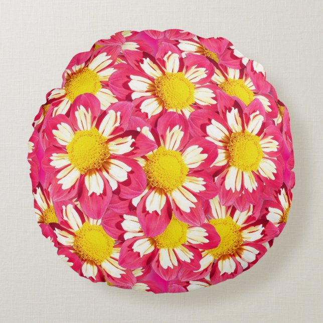 Coussins Ronds Bouquet Dahlia - corail et blanc avec jaune (Devant)