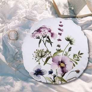 Coussins Ronds Bouquet de fleurs sauvages violettes aquarelle flo