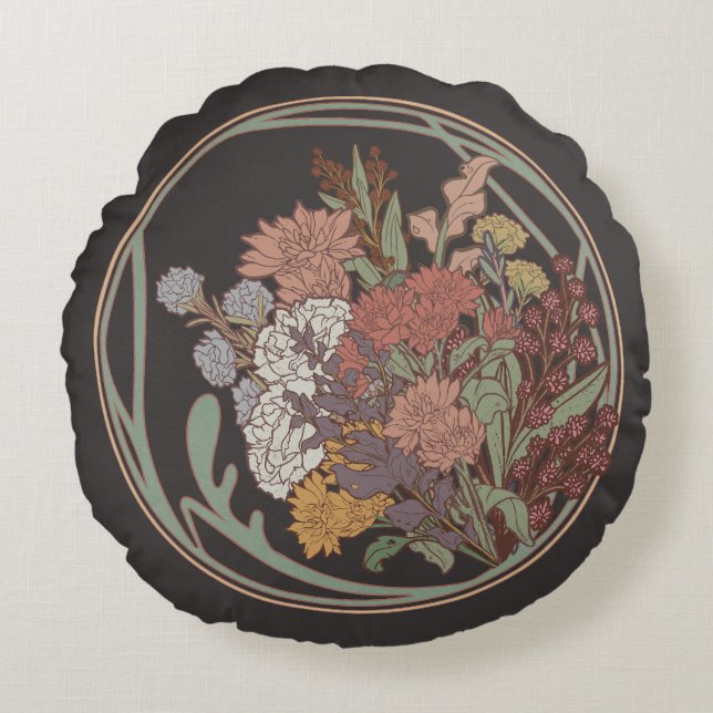 Coussins Ronds Bouquet floral Art Nouveau foncé et Moody (Devant)