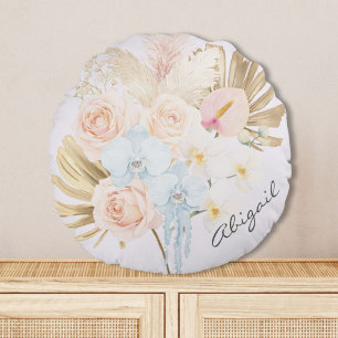 Coussins Ronds Bouquet Floral Tropical Fleur Élégant avec Monogra