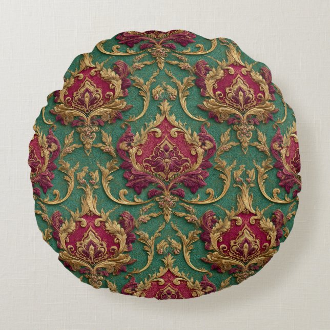 Coussins Ronds Bourgeois Baroque Damas d'émeraude et de Bourgogne (Devant)