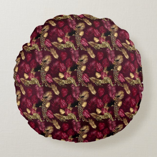 Coussins Ronds Bourgogne et Or Série Design Léopard 12 (Devant)