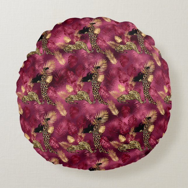 Coussins Ronds Bourgogne et Or Série Léopard Design 10 (Devant)