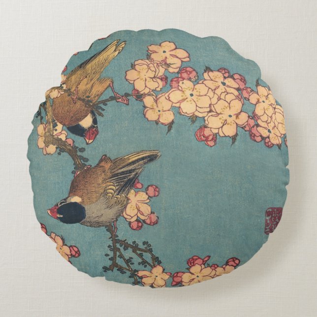 Coussins Ronds Bouvreuil d'Hokusai et Cerisier Fleur Vintage Oise (Devant)