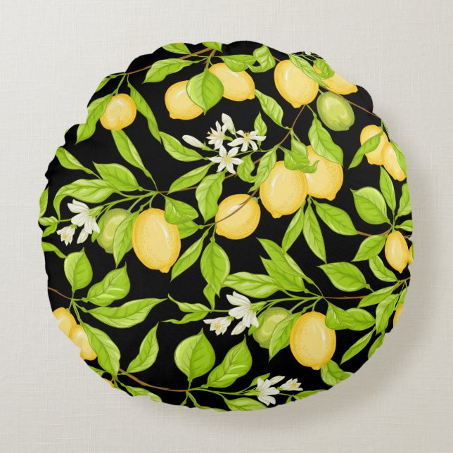 Coussins Ronds Branche de citron avec citrons, fleurs et feuilles (Devant)