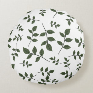 Coussins Ronds Branches de feuillage avec Feuilles verts en blanc