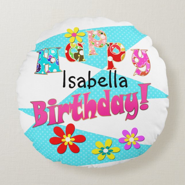 Coussins Ronds Bright blue blanc rose enfants amusant fleurs dess (Devant)