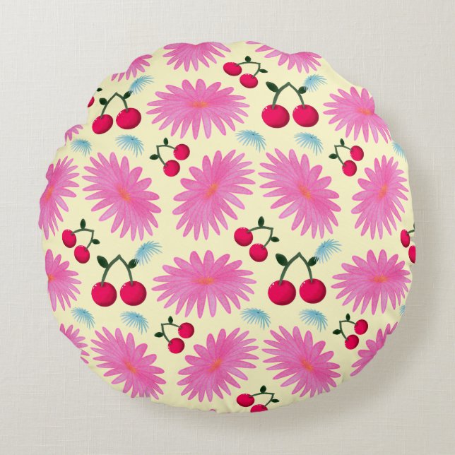 Coussins Ronds Bright Pink Floral Cherry Pattern | Cute Kawaii  (Devant)
