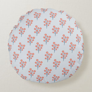 Coussins Ronds Brins de Fleur de Corail sur Motif Bleu Brumeux